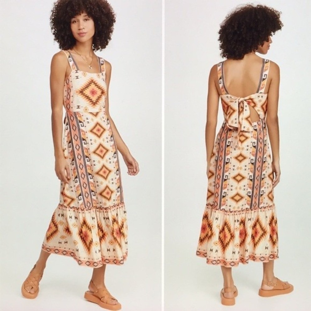 Never Fully Dressed Midi Dress 2 Orange Geometric Linen Blend Tie Back Boho
